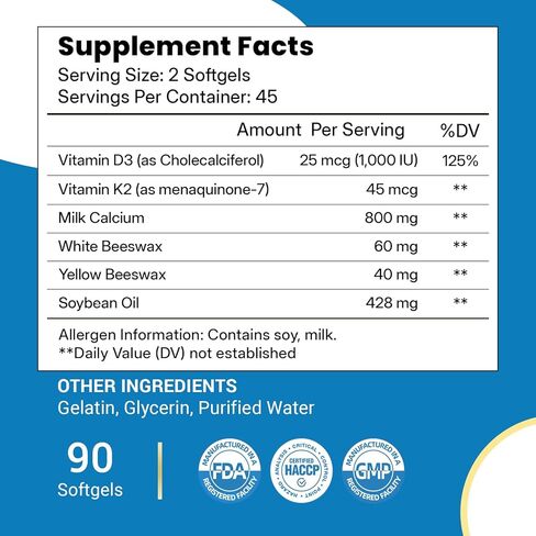 Calcium Supplement 800mg with Vitamin D3 1000 IU & K2 45mcg, Milk Calcium for Bone Density & Joint Support, Non-GMO Gluten Free, 90 Easy-Absorb Softgels for Adults in Saudi Arabia
