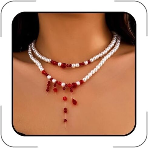 Dripping Blood Pearl Necklace Handmade Red Vampire Choker Blood Necklaces Halloween Party Gothic Necklace Witch Costume Vampire Accessories for Women in Saudi Arabia