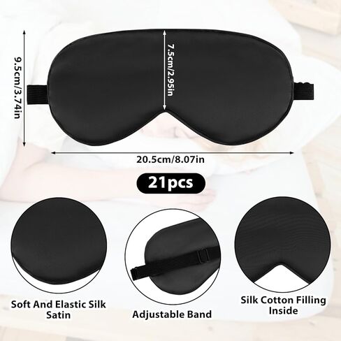 21 قطعة من أقنعة العين الحريرية القابلة للتعديل للنوم، معصوب العينين باللون الأسود مع مشبك منزلق للسفر والراحة الليلية، للرجال والنساء، ملحقات نوم مريحة تحجب الضوء (8.07 × 3.74 بوصة) in Kuwait