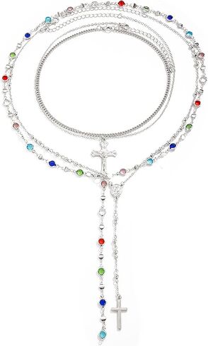 Cross Pendant Necklace Set For Women Gold/Silver Chunky Cross Necklaces Set Layered Pearl Colorful Beads Cross Pendant Necklace Fashion Y2k Jewelry For Women in Kuwait