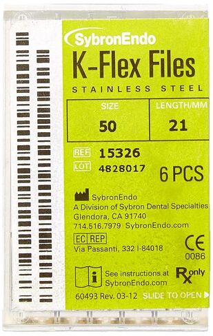 15326 Endo Hand K-Flex File, 0.02mm Taper, 21mm Length, Stainless Steel, 50 Tip Size, Yellow, Pack of 6 in Saudi Arabia