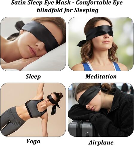 2Pcs Silk Blindfolds for Sleeping, Soft Satin Eye Mask for Sleep Comfortable Blackout Blindfold for Sleep Meditation, Adjustable Eye Cover for Night Travel Meditation, Pure Black in Saudi Arabia