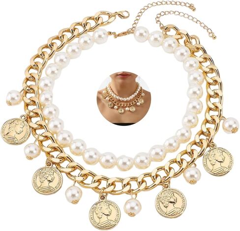 Gold Coin Layering Necklaces for Women,Thick Pearl Beaded Collar Necklaces Vintage Party Prom Large Necklace,Aesthetic Everyday Jewelry Accessories in Saudi Arabia