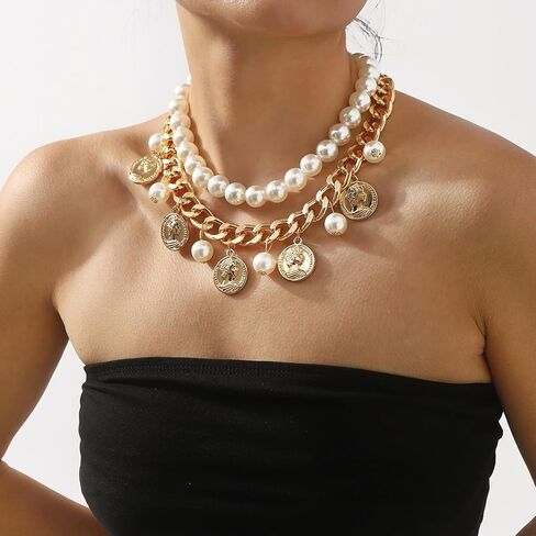 Gold Coin Layering Necklaces for Women,Thick Pearl Beaded Collar Necklaces Vintage Party Prom Large Necklace,Aesthetic Everyday Jewelry Accessories in Saudi Arabia