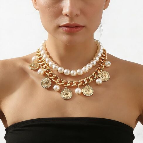 Gold Coin Layering Necklaces for Women,Thick Pearl Beaded Collar Necklaces Vintage Party Prom Large Necklace,Aesthetic Everyday Jewelry Accessories in Saudi Arabia