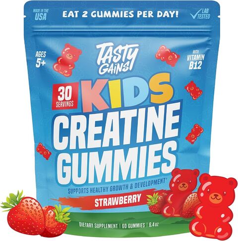 حلوى الكرياتين للأطفال والمراهقين من TASTY GAINS مع فيتامين ب12 لدعم النمو، مكمل يومي سهل المضغ، فيتامينات صمغية للأطفال والمراهقين، للأعمار من 5 سنوات فما فوق in Kuwait