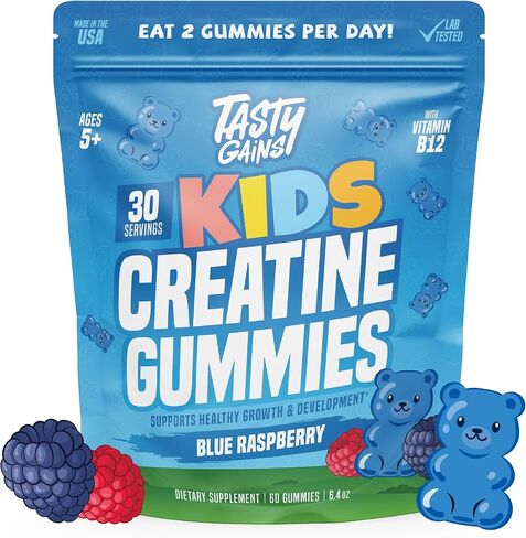 حلوى الكرياتين للأطفال والمراهقين من TASTY GAINS مع فيتامين ب12 لدعم النمو، مكمل يومي سهل المضغ، فيتامينات صمغية للأطفال والمراهقين، للأعمار من 5 سنوات فما فوق in Kuwait