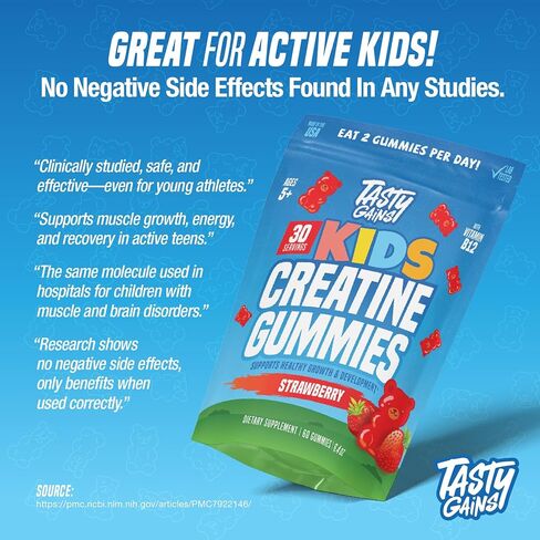 حلوى الكرياتين للأطفال والمراهقين من TASTY GAINS مع فيتامين ب12 لدعم النمو، مكمل يومي سهل المضغ، فيتامينات صمغية للأطفال والمراهقين، للأعمار من 5 سنوات فما فوق in Kuwait