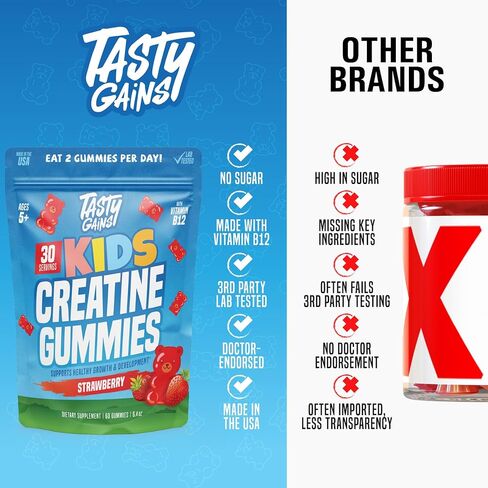 حلوى الكرياتين للأطفال والمراهقين من TASTY GAINS مع فيتامين ب12 لدعم النمو، مكمل يومي سهل المضغ، فيتامينات صمغية للأطفال والمراهقين، للأعمار من 5 سنوات فما فوق in Kuwait
