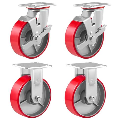 6" Casters Set of 4 Industrial Caster Wheels Heavy Duty with Load 4800lbs Capacity, Polyurethane Wheels for Workbench,Toolbox, Dolly (6"- 2 Swivel & 2 Rigid - 2 Side Brakes) in Saudi Arabia