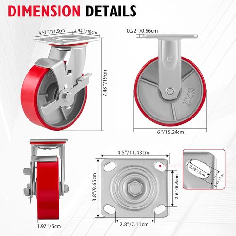 6" Casters Set of 4 Industrial Caster Wheels Heavy Duty with Load 4800lbs Capacity, Polyurethane Wheels for Workbench,Toolbox, Dolly (6"- 2 Swivel & 2 Rigid - 2 Side Brakes) in Saudi Arabia