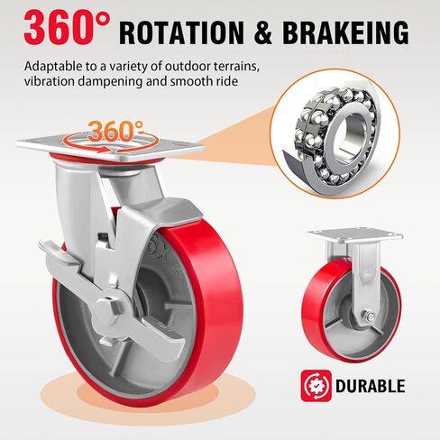 6" Casters Set of 4 Industrial Caster Wheels Heavy Duty with Load 4800lbs Capacity, Polyurethane Wheels for Workbench,Toolbox, Dolly (6"- 2 Swivel & 2 Rigid - 2 Side Brakes) in Saudi Arabia