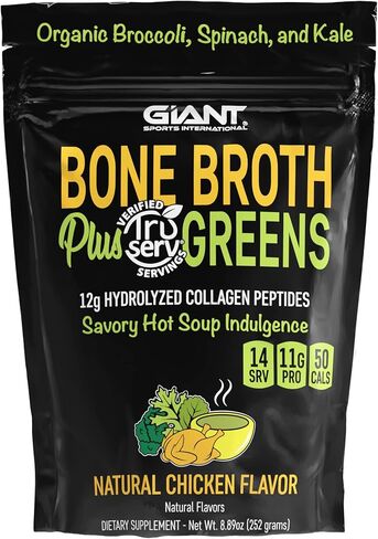Giant Sports Bone Broth Collagen Plus Greens | Organic Super Greens Powder + Delicious Collagen Protein Powder Mix | Paleo and Keto Friendly | Natural Chicken Flavor 14 Servings in Saudi Arabia