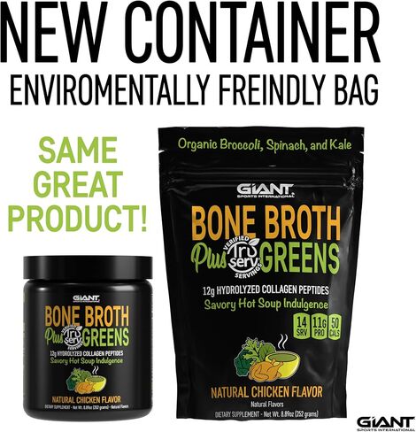 Giant Sports Bone Broth Collagen Plus Greens | Organic Super Greens Powder + Delicious Collagen Protein Powder Mix | Paleo and Keto Friendly | Natural Chicken Flavor 14 Servings in Saudi Arabia