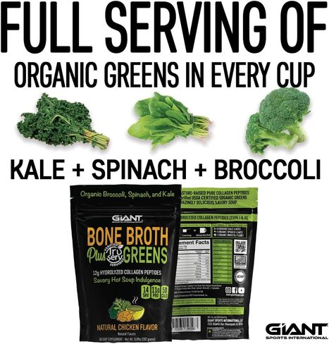 Giant Sports Bone Broth Collagen Plus Greens | Organic Super Greens Powder + Delicious Collagen Protein Powder Mix | Paleo and Keto Friendly | Natural Chicken Flavor 14 Servings in Saudi Arabia