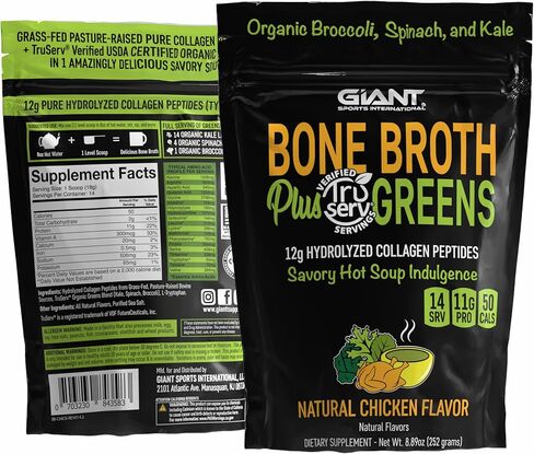 Giant Sports Bone Broth Collagen Plus Greens | Organic Super Greens Powder + Delicious Collagen Protein Powder Mix | Paleo and Keto Friendly | Natural Chicken Flavor 14 Servings in Saudi Arabia