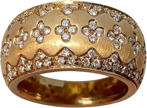 18K Gold Italian Handcrafted Brushed Buccellati-Style Ring – Luxury Four-Leaf Clover Diamond-Cut Zirconia Ring for Women, Elegant Vintage Royal Jewelry Size 7 in Kuwait