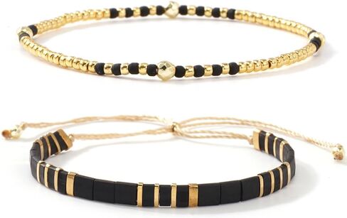 Tila Flat Beaded Stretch Bracelets for Women Stackable Gold Black Seed Beads Boho Bracelet Stack Adjustable Rope String Friendship Jewelry Trendy Holiday Gift in Saudi Arabia