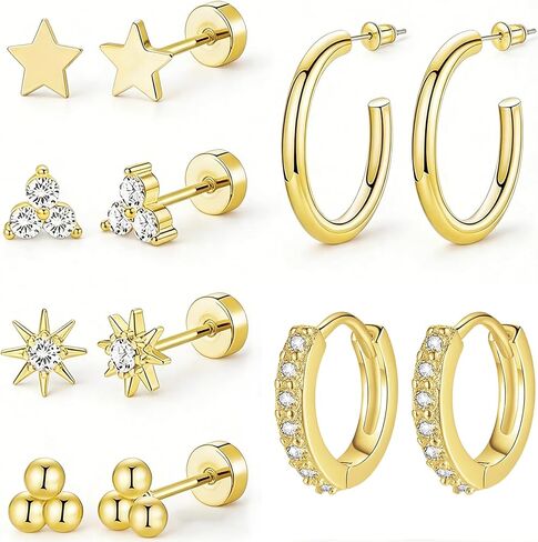 6 & 8 Pairs Stainless Steel Earrings 14K Gold Plated Flat Back Stud Earrings for Women Men Multiple Style Lightweight Dainty Trendy Jewelry Star Triangle Sun Dangle Huggie Hoop Earring Stacks in Saudi Arabia