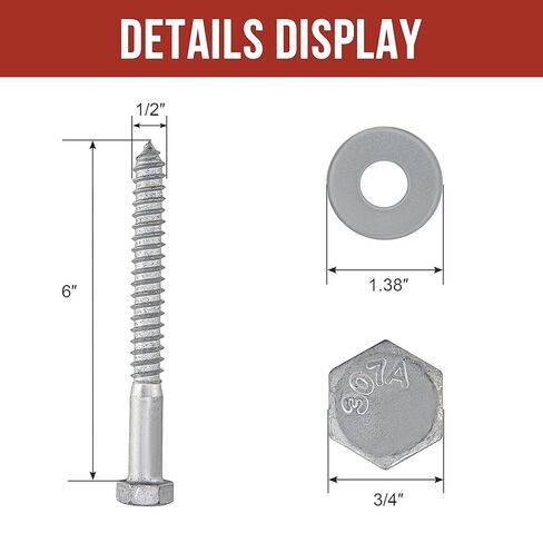 1/2" x 6" Lag Bolts (25 PCS) Lag Screws for Wood, Hot Dip Galvanized, Heavy Duty Hex Head with Washers in Kuwait