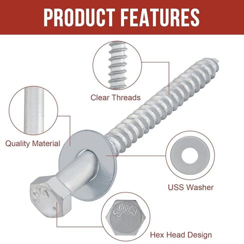 1/2" x 6" Lag Bolts (25 PCS) Lag Screws for Wood, Hot Dip Galvanized, Heavy Duty Hex Head with Washers in Kuwait