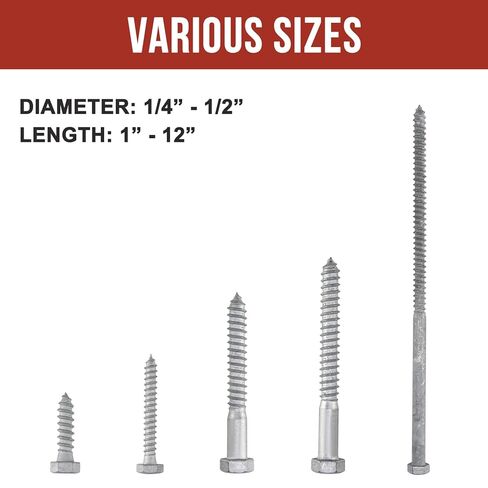 1/2" x 6" Lag Bolts (25 PCS) Lag Screws for Wood, Hot Dip Galvanized, Heavy Duty Hex Head with Washers in Kuwait