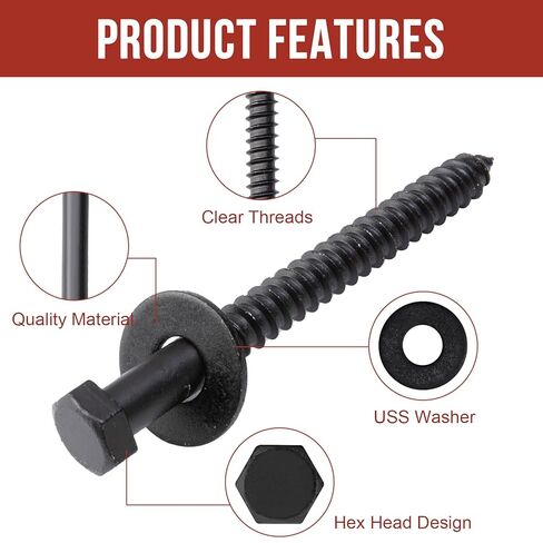 1/4" x 3" Lag Bolts (100 PCS) Black Lag Screws for Wood, Double Anti-Rust Coatings, Heavy Duty Hex Head with Washers in Kuwait