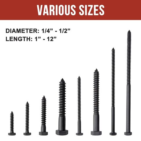 1/4" x 3" Lag Bolts (100 PCS) Black Lag Screws for Wood, Double Anti-Rust Coatings, Heavy Duty Hex Head with Washers in Kuwait