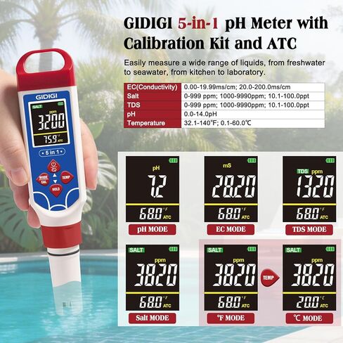 5 in 1 Digital pH Meter TDS EC Temp. Salinity Tester, Update Color Screen Pool Salinity Meter with Calibration Kit, Hydroponic pH Reader with Reset Function for Aquarium Reef Tank Cooking water in Kuwait