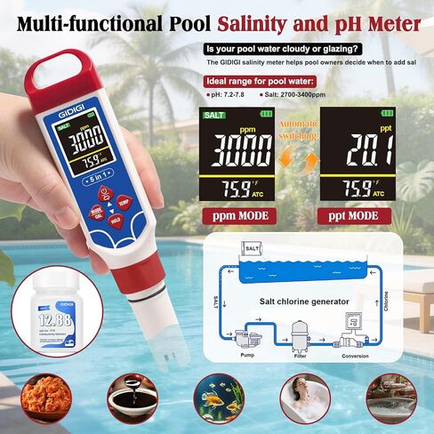5 in 1 Digital pH Meter TDS EC Temp. Salinity Tester, Update Color Screen Pool Salinity Meter with Calibration Kit, Hydroponic pH Reader with Reset Function for Aquarium Reef Tank Cooking water in Kuwait