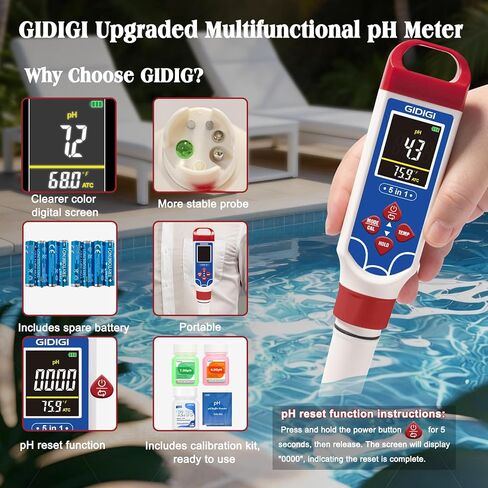 5 in 1 Digital pH Meter TDS EC Temp. Salinity Tester, Update Color Screen Pool Salinity Meter with Calibration Kit, Hydroponic pH Reader with Reset Function for Aquarium Reef Tank Cooking water in Kuwait