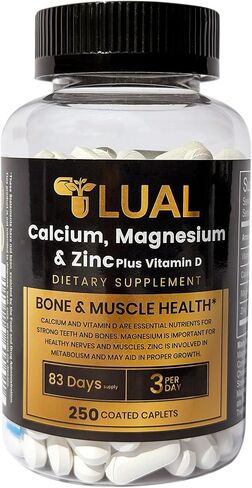 LUAL الكالسيوم والمغنيسيوم والزنك مع فيتامين د - مكمل لدعم العظام والعضلات للبالغين، 250 كبسولة مغلفة، كمية تكفي 83 يومًا in Kuwait