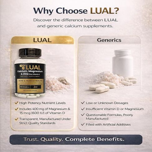 LUAL الكالسيوم والمغنيسيوم والزنك مع فيتامين د - مكمل لدعم العظام والعضلات للبالغين، 250 كبسولة مغلفة، كمية تكفي 83 يومًا in Kuwait