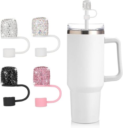 مجموعة غطاء من القش بأحجار الراين اللامعة - 4 قطع من غطاء القش مقاس 0.4 بوصة/10 مم لأكواب ستانلي 30 و40 أونصة، تتضمن أغطية من القش باللون الوردي والأسود والفضي والملون، من السيليكون لملحقات زجاجات المياه in Kuwait