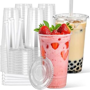 Charmount 32 oz 50 Sets Clear Plastic Cups with Lids and Straws, Sturdy & Food Safe Disposable To Go Cups for Cold Drinks, Iced Coffee, Milkshakes, Smoothies in Kuwait