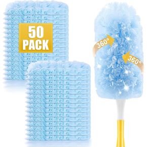 50 عبوة منفضة منفضة غبار منفضة دوارة، مجموعة منافض للاستعمال مرة واحدة لتنظيف المنزل والمكتب ومراوح السقف والأثاث (50 قطعة + مقبض ممتد بطول 3 أقدام + مقبض واحد) in Kuwait