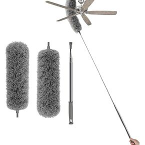 Microfiber Cobweb Duster with 16-100 Inch Extension Pole, Washable Cleaning Duster Kit with 2 Duster Heads Bendable Washable Head Ceiling Fan Duster for High Ceilings, Blinds, Furniture & Car Cleaning in Kuwait