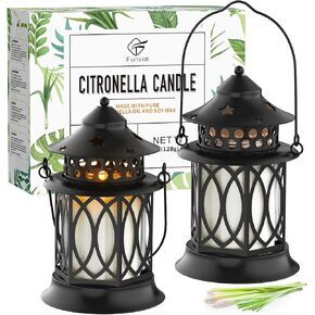 شموع السترونيلا للاستخدام الخارجي، عبوتان من شموع شمع الصويا المعطرة بعشب الليمون مع حامل فانوس معدني، مجموعة شموع خارجية لتزيين حديقة الفناء والتخييم، مجموعة هدايا in Kuwait