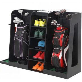 رف تخزين حقيبة الجولف الخشبي، منظم نادي الجولف بسعة حقيبتين مع هيكل خشبي فاخر، حامل على الحائط أو حامل تخزين معدات الجولف قائم بذاته للمرآب، الطابق السفلي، غرفة التدريب in Kuwait