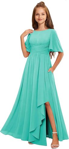 Junior Bridesmaid Dresses Chiffon Flower Girl Dress for Teen Girls Formal Dresses Short Sleeve Pleated Pageant Gowns in Kuwait