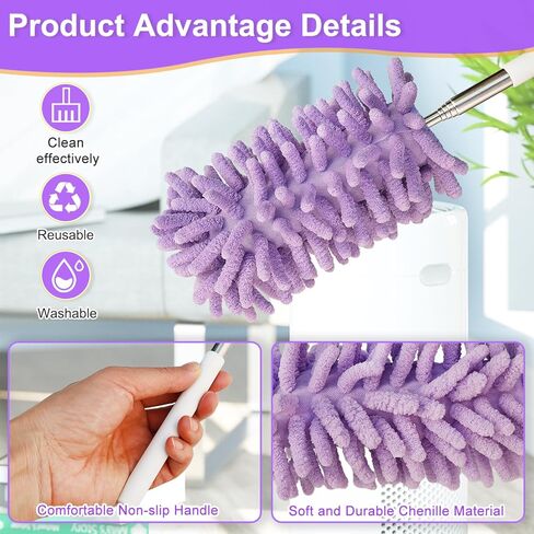2Pcs Mini Duster for Cleaning, Microfiber Duster with Extendable Pole, Washable Small Duster, Cleaning Tools for Office, Car Interior, Window, Furniture, Computer (Purple) in Saudi Arabia