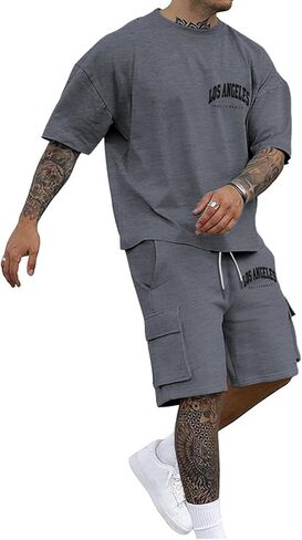 Men Outfits 2 Piece Fashion Casual Summer Drop Shoulder Oversize Tee Shirt Shorts Set Athletic Jogging Tracksuit in Kuwait