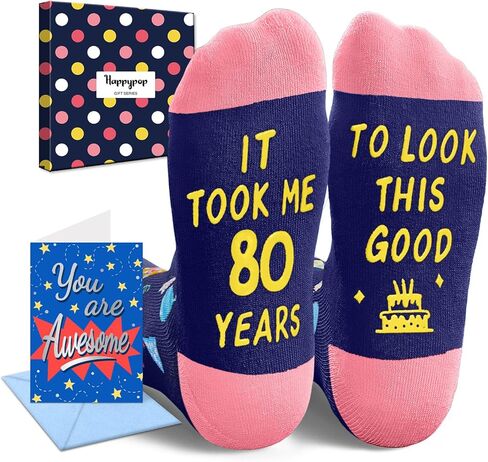 HAPPYPOP 80th Birthday Gifts Ideas - 80th Birthday Socks for Women Elderly Ladies with Greeting Card in Saudi Arabia
