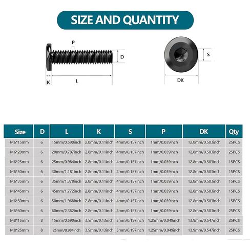 25 قطعة M6x20mm براغي غطاء مقبس سداسي برأس مسطح، 304 براغي غطاء مقبس من الفولاذ المقاوم للصدأ 18-8، براغي أثاث برغي موصل غاطس، خيط كامل، أكسيد أسود مع مفتاح ربط سداسي in Kuwait