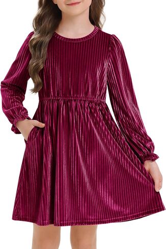Stelle Girls Long Sleeve Velvet Dress Ruffled Crew Neck Midi A-Line Dresses Vintage Formal Party Winter Outfits in Saudi Arabia