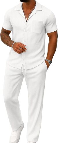UOUA Mens Summer 2 Piece Set Casual Outfits Button Short Sleeve Shirt & Loose Pants Textured Striped Tracksuit Walking Suits in Saudi Arabia