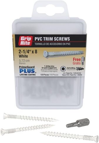براغي Grip-Rite PrimeGuard Plus المتميزة للمشاريع الخارجية - رأس بوق - محرك T-25 Star - براغي خشبية ذات خيط خشن - 8 × 1-5/8 بوصة - صندوق عدد 100 - أبيض - LT214STW1C in Saudi Arabia