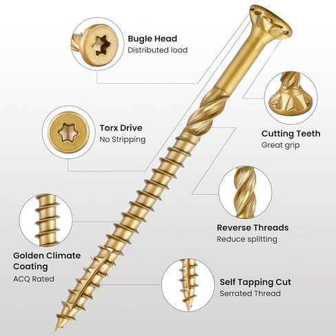 #9 x 2-1/2 in Multi-Purpose Wood Deck Screw for Interior and Exterior,Bugle Head,Golden Coated with T25 Bit Star Drive Torx for Furniture Building/Fence/Decking(1LBS,85Pcs) in Kuwait