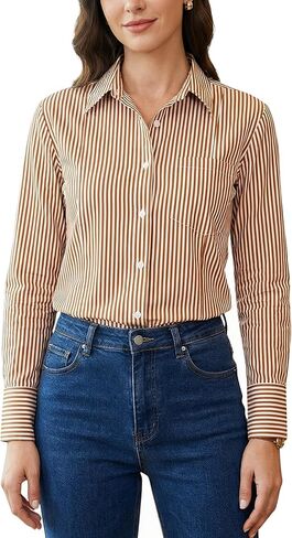 Beninos Striped Button Down Shirts for Women Dress Shirts Long Sleeve Casual Collared Office Work Shirt with Pocket in Kuwait
