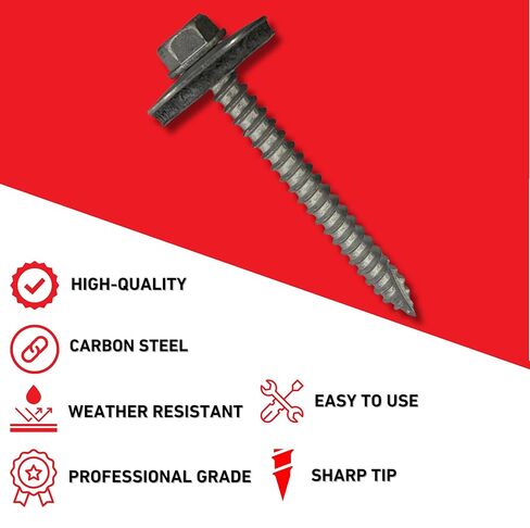 براغي السقف المعدنية EAGLE 1: #14 × 2.5 براغي سقف معدنية كبيرة الحجم (عدد 100)، طرف حاد من النوع 17، غسالة EPDM مقاس 1 بوصة/تتضمن مفك سداسي مغناطيسي مقاس 3/8 بوصة in Kuwait